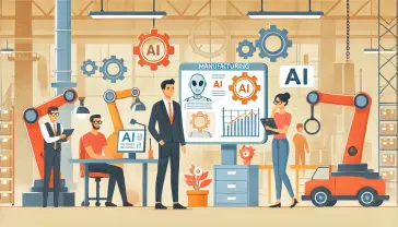 DALL E 2025 01 10 05 26 51 A bright friendly and clean illustration of manufacturing HR managers working with AI tools to improve processes The scene features a simplified ma